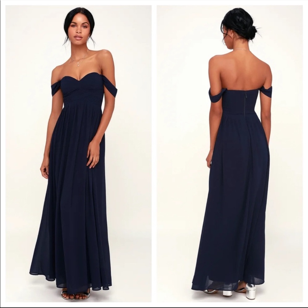 Lulus M18184 Navy Blue Harmonious Love Off the Shoulder Formal Maxi Dress Small